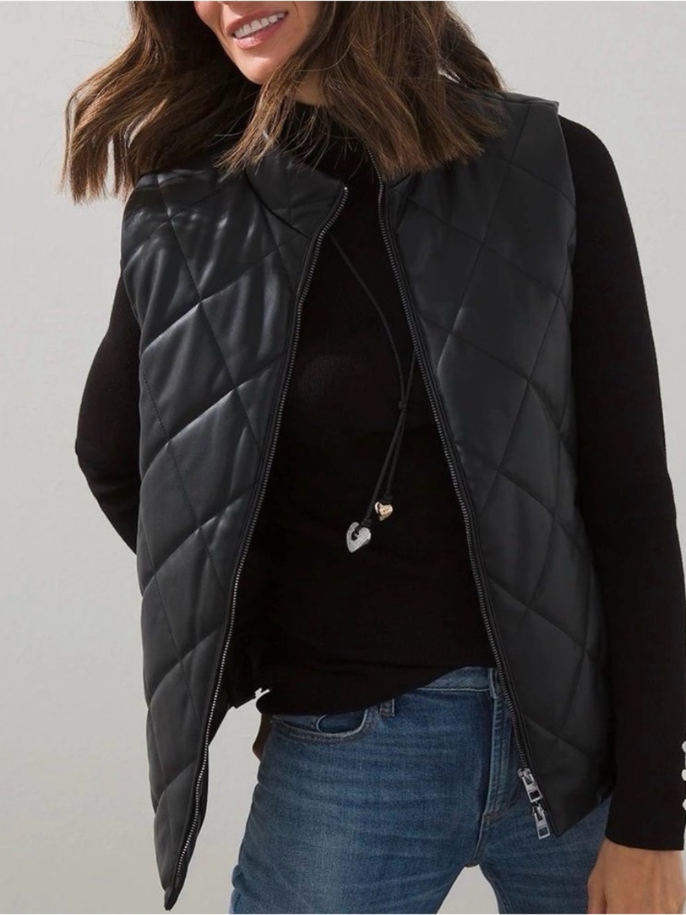 Chico's Black Faux Leather Quilted Vest.